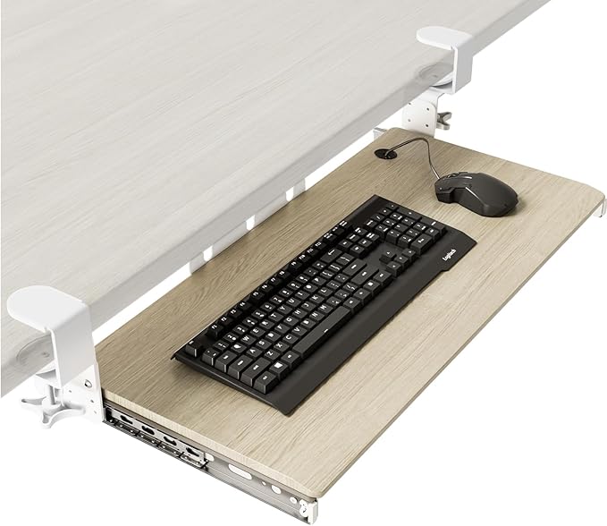 AX WABER Keyboard Tray Under Desk Pull Out with Extra Sturdy C Clamp Mount System, 27.3 (32.5 inch Including Clamps) x 11 Inch Slide-Out Platform Computer Drawer for Typing Grain AX01WG01