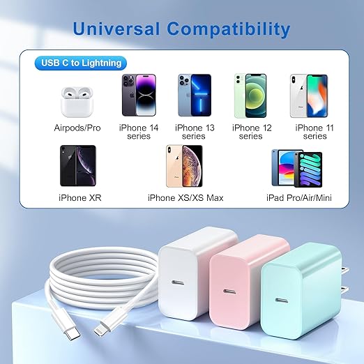 for iPhone 14 13 12 11 Fast Charger, [MFi Certified] 3 Pack 20W USB C Charger Block with 3FT&6FT&10FT USB C to ightning Fast Charging Cable Compatible with iPhone 14/13/12/11/Pro/Pro Max/Xs/Xr/X