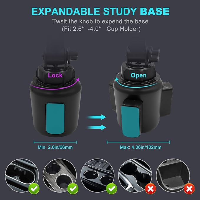 Cup Holder Car Tablet Mount, 360° Adjustable 2-Arm Stand Holder for iPad Pro 12.9/11/10.5/9.7/Air/Mini 6/5/4, Samsung Galaxy Tab/Z Fold 6/5, Amazon Fire HD, iPhone 16/15/14/Pro, 4.7-12.9" Tab & Phone