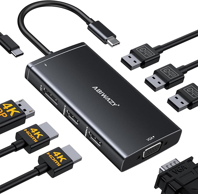 ABIWAZY USB C Docking Station Dual Monitor for HP Dell Lenovo Thinkpad Surface, 8 in 1 Computer Multiple Monitor Hub Adapter to Dual 4K HDMI,DisplayPort,VGA, 00W PD,3 USB for Windows Laptops(Black)