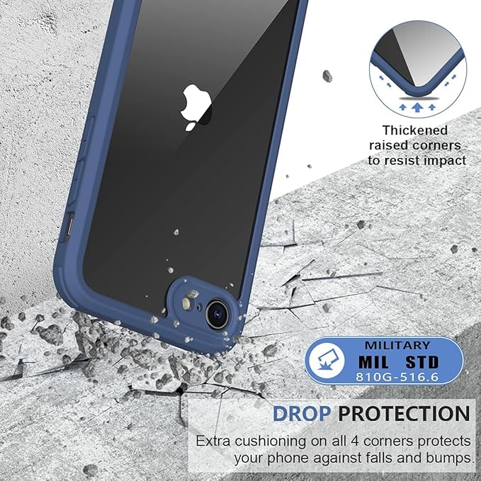 Miracase for iPhone SE Phone Case 3rd/2nd Generation 2022 2020 Full-Body with Built-in Glass Screen Protector, Heavy Duty 360° Protective Shockproof Bumper Cover for iPhone 8/SE, Blue