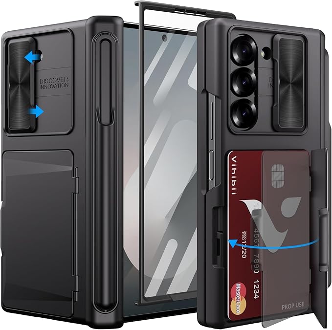 Vihibii for Samsung Galaxy Z Fold 6 Case with S Pen Holder & Card Holder & Slide Camera Cover & Screen Protector & Hinge Protection, Heavy Duty Rugged Wallet Phone Case for Galaxy Z Fold 6, Black