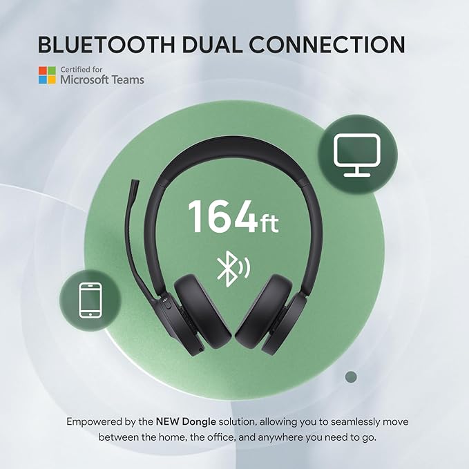 Yealink BH70 UC Wireless Bluetooth Headset with Microphone for Work, up to 35h Talking Battery, Teams UC Compatible Headsets for Computer Mobile, 147g Lightweight Headphone for Open Office 50m Range