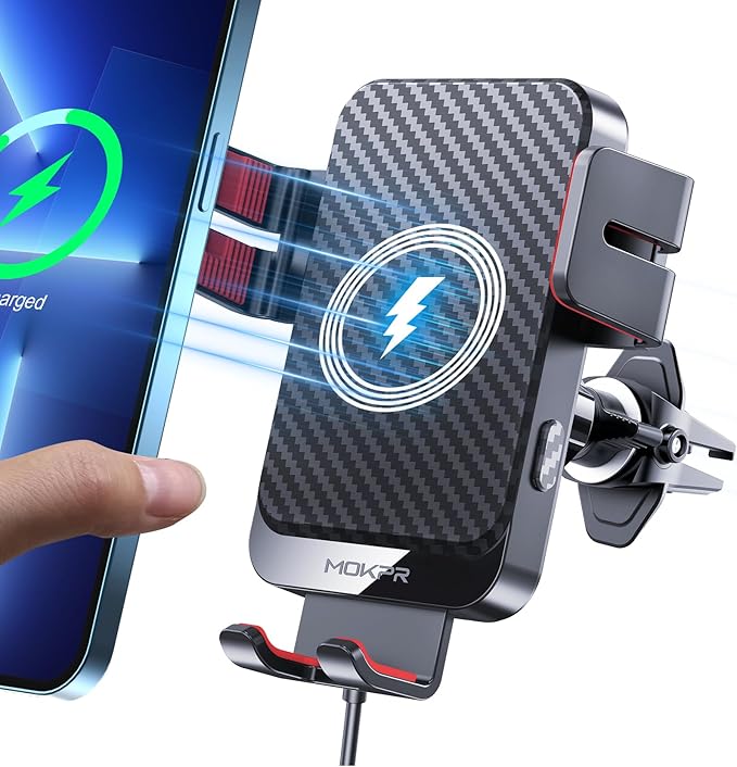 Wireless Car Charger, MOKPR 15W Fast Charging Auto-Clamping Phone Mount Air Vent Cell Phone Holder Compatible with iPhone 16 15/14/13/13 Pro/12 pro/12, for Samsung Galaxy S23/S22/S21/S20, Red