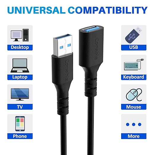 3 Pack USB 3.0 Extension Cable 10 Feet, USB A Male to Female Extender Cord, 5Gbps Data Transfer for Webcam, Printer, Keyboard, Mouse, Flash Drive, Hard Drive, Controller, Black Cable with 5 Cable Ties