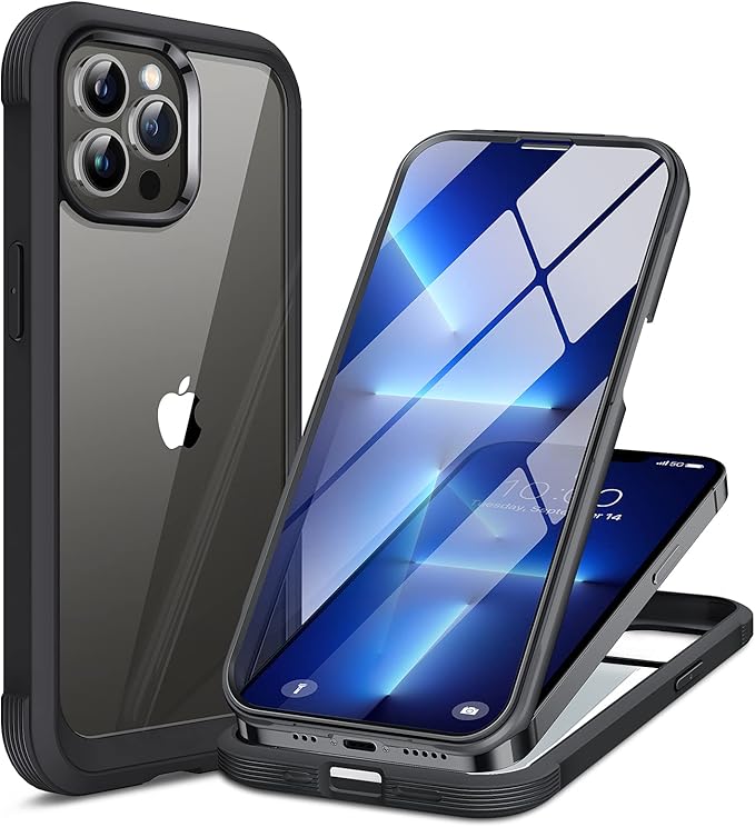 Miracase Glass Case for iPhone 13 Pro Max 6.7 inch, Upgrade Full-Body Clear Phone Bumper Case Cover with Built-in 9H Tempered Glass Screen Protector, Black