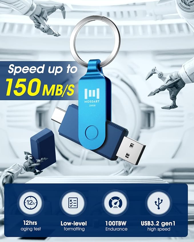 MOSDART 256GB Dual USB C Flash Drive, Speed Up to 150MB/S Type C 3.1 Thumb Drive with Keychain, for iPhone 15 and 16, Android Phone, iPad, MacBook, and Laptops, Navy Blue