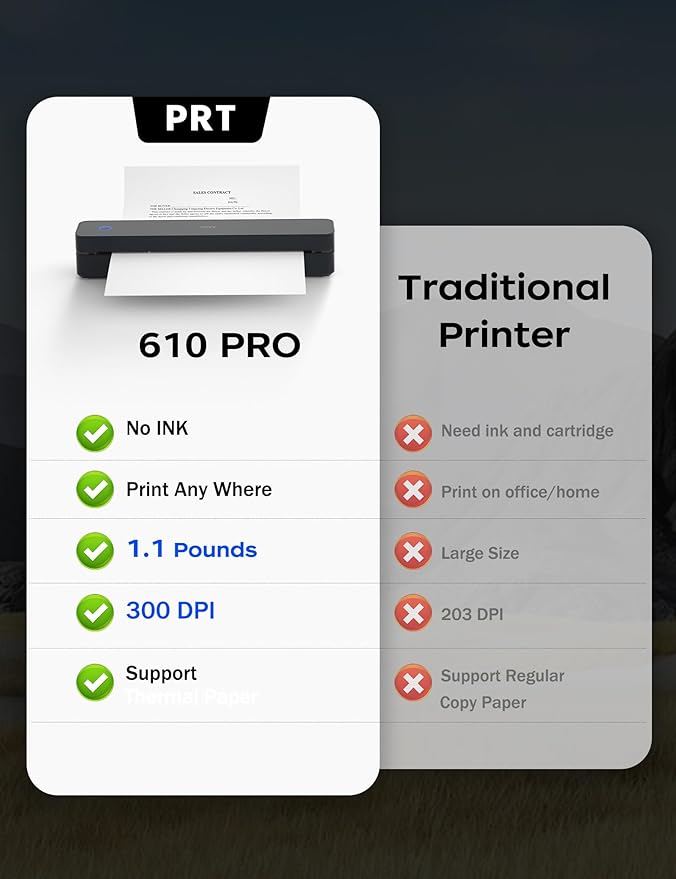 PRT Portable Printer Wireless for Travel, Inkless Bluetooth Compact Mobile Thermal Printer, Supports 8.5" X 11" US Letter, A4 A5, Compatible with iOS, Android, Laptop for Home Use, Office & Vehicles