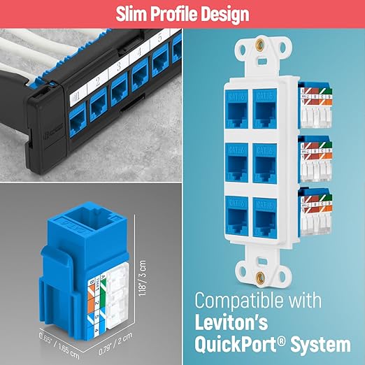 Everest 90° Angled RJ45 Cat6 Keystone Jacks 100-Pack in Blue - Slim Profile Female RJ45 Connectors - Cat 6 Keystone Jack - Compatible with 90° Angled Speed Termination Tool - easyJACK (B094WB91H3)