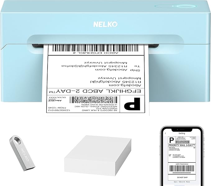 Nelko Bluetooth Thermal Shipping Label Printer, 4x6 Shipping Label Printer for Shipping Packages, Support Android, iPhone and Windows, Widely Used for Amazon, Ebay, Shopify (Blue)