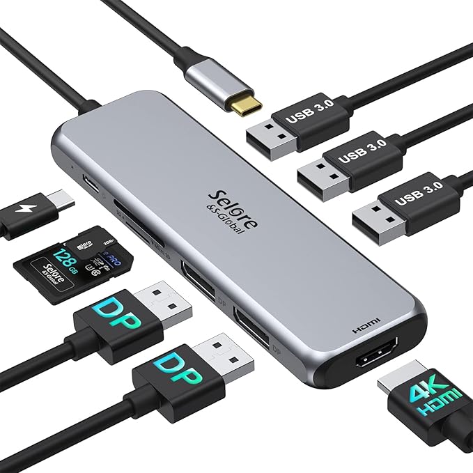 Docking Station Dual DisplayPort, Selore USB c hub with 2 displayport, HDMI, 3*USB 3.0,100W PD,SD & TF Slot, 9 in 1 2 dp Multiport Adapter for MacBook/Dell XPS/HP/Lenovo/Microsoft Surface