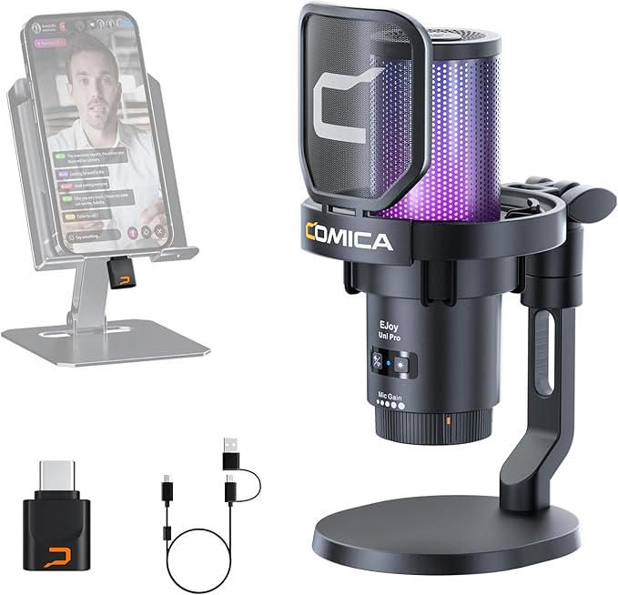 COMICA EJoy Uni Pro Wireless Gaming USB Microphone, Noise Cancellation RGB Condenser Mic with Mute, Gain, Monitoring, Pop Filter&Shock Mount for Recording, Streaming, Podcast, PS5, PS4, PC, YouTube