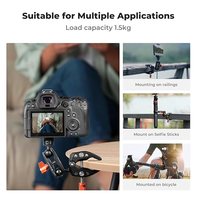 K&F CONCEPT Double Super Clamp Camera Mount with 1/4" Threads Metal Clamp for Chair, Pole, Tripod, Desk, Flag, Umbrella, Motorcycle Mount