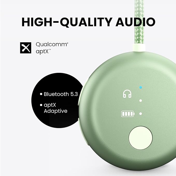 Avantree SoundJet R1 – Airplane Bluetooth Adapter for Headphones & AirPods, aptX Adaptive, Qualcomm Chipset, 20H Battery, Wireless Audio Transmitter for in-Flight Travel Essentials - Green