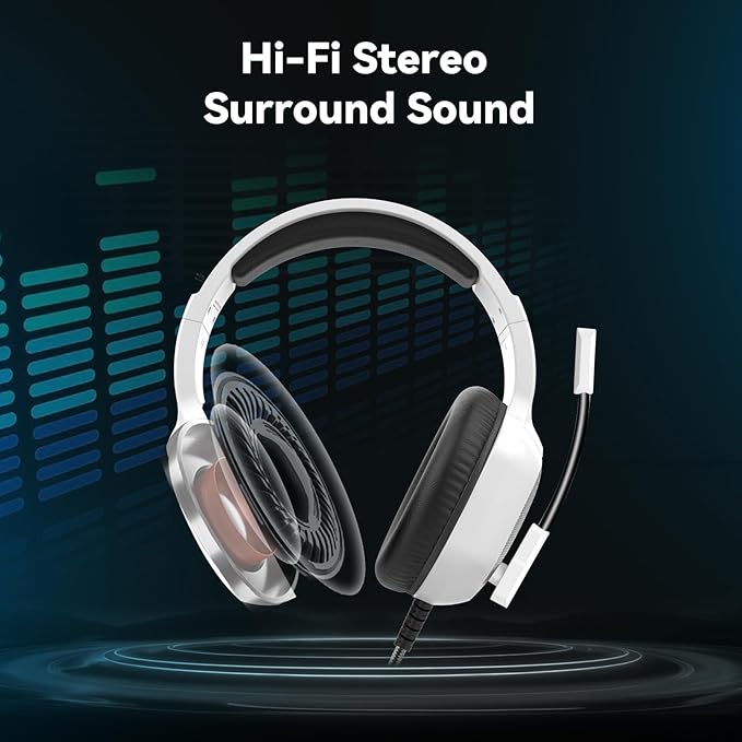 Gaming Headset with Microphone for Pc, Xbox One Series X/s, Ps4, Ps5, Switch, Stereo Wired Noise Cancelling Over-Ear Headphones with Mic, RGB, for Computer, Laptop, Mac, Nintendo, Gamer (White)