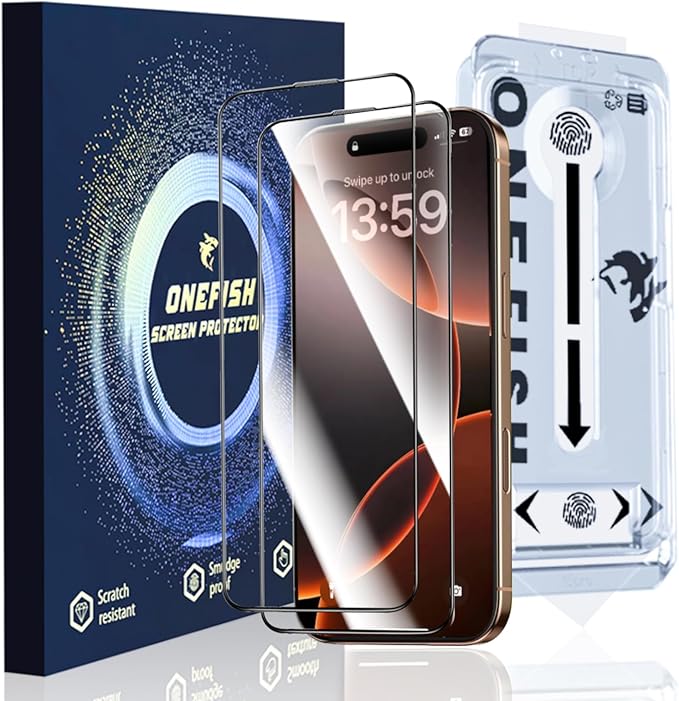 OneFish Full Edge Coverage Tempered Glass Screen Protector for IPhone 15 Pro 6.1 inch, 2 Pack Edge Reinforcement, Self-Aligning Installation, Case Friendly HD Screen Protectors