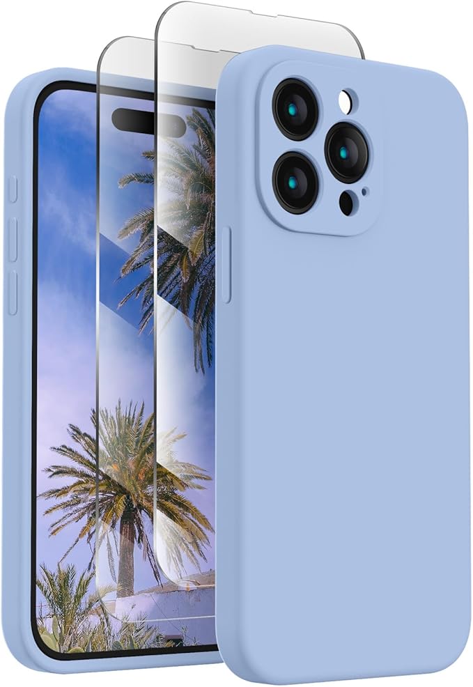 FireNova Designed for iPhone 15 Pro Max Case, Silicone Upgraded [Camera Protection] Phone Case with [2 Screen Protectors], Soft Anti-Scratch Microfiber Lining Inside, 6.7 inch, Light Blue