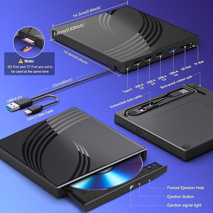 External CD/DVD Drive for Laptop, Ultra Slim CD Burner USB 3.0 Hub with 4 USB Ports, 2 TF/SD Card Slots,1 Type-C Port,DVD Player for Laptop Compatible with mac OS/Windows/Linux (Black)