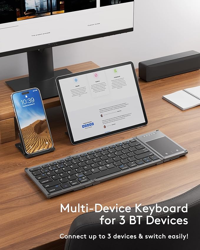 Samsers Foldable Bluetooth Keyboard with Touchpad, Full-Size Wireless Folding Holder, Rechargeable Portable Travel for iOS Android Windows Mac OS, Support 3 Devices (BT5.1 x 3)