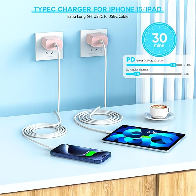 [Apple MFi Certified] iPhone 16 Pro Max Quick Charger,3Pack 20W USB C Wall Charger Block and 6 Feet USB C to USB C Fast Charging Cable for iPhone 16/16 Plus/Pro/Pro Max/iPhone 15/15 Pro Max/Plus(Pink)