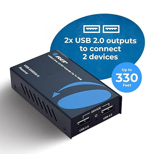 OREI USB 2.0 Over Ethernet Cat5e/6 Extender LAN Upto 330 Feet - Extends 2 Ports USB-A Signal Over LAN Ethernet - Power Over Cable for Long Distance Extension Supports All Operating System