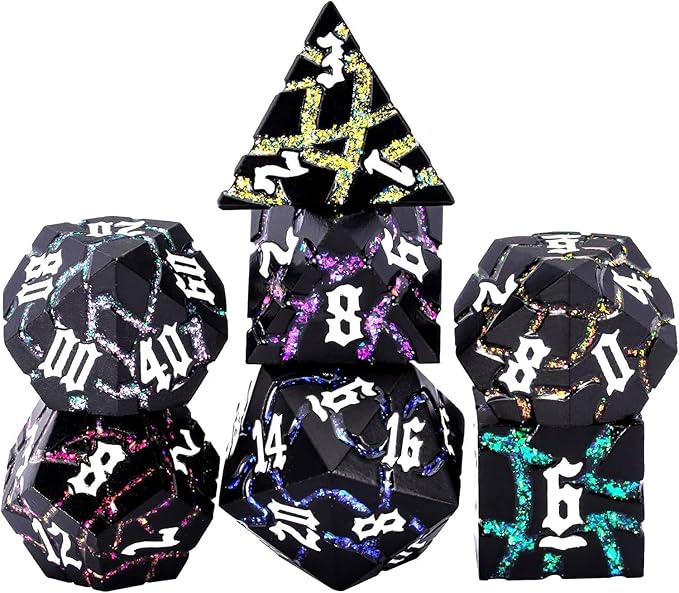 Dice Set D&D,Dungeons and Dragons Metal Dice Set with Box, Crack Glitter Polyhedral Dice for Role Playing Game (Matte Black 7 Colors)