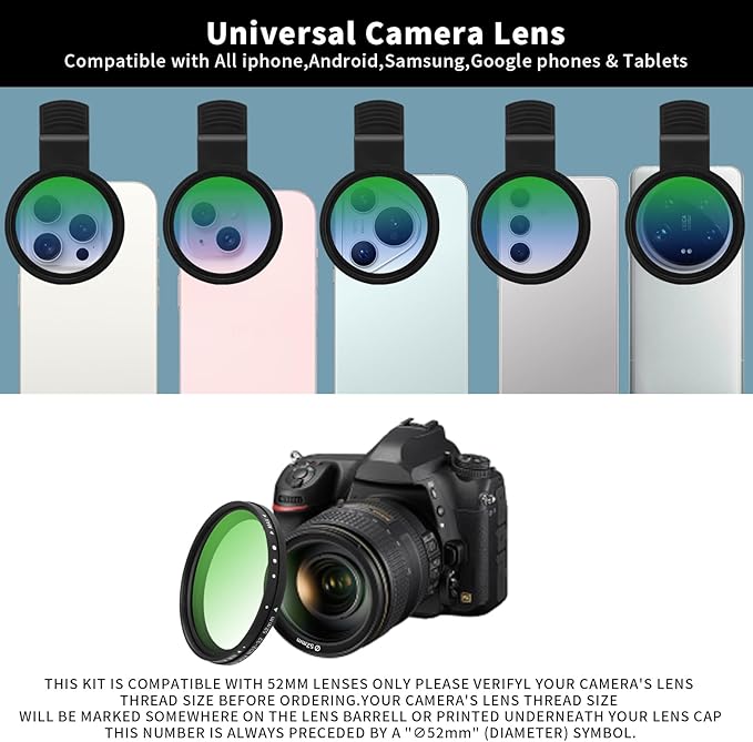 52MM Variable ND2-32 Filter for Phone, Multi-Coating Clip-On Variable Neutral Density Lens Kit, Compatible with iPhone 16/15/14/13 Pro Max, Samsung Galaxy, Google Pixel and Other Smartphone