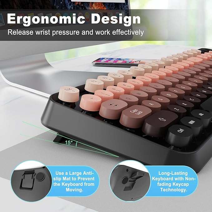 Wireless Keyboard and Mouse Combo, 104 Round Keys Cute Colorful Keyboard and Mouse with Retro Typewriter for PC/Mac/Laptop/Tablet/Computer/Windows Black