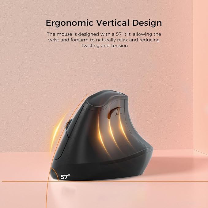 57° Ergonomic Wireless Tower Mouse, Vertical Quiet Ergo Mouse, Bluetooth(BT5.0,BT3.0)&2.4G, (800/1200/2400/2400/4000), 5 Buttons for Windows, macOS, iPadOS, Laptop, PC, Black
