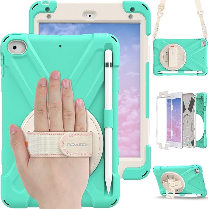 BRAECN iPad mini 5 Case,iPad mini 4 Case, Heavy Duty Shockproof Protective Rugged Case with Pencil Holder,Hand Strap,Kickstand, Shoulder Strap for iPad mini 5th/4th Generation 7.9 Inch for Kids