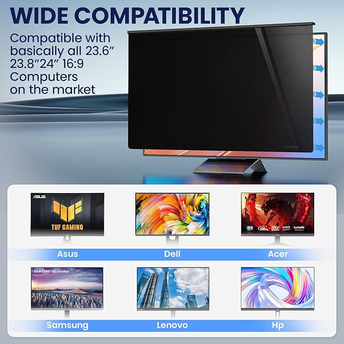Magnetic Privacy Screen for Frameless Computer Monitor 23 Inch 16:9 Aspect Ratio,Hanging Blue Light Screen Protector Eye Protection Anti-Spy Shield, 23in Removable Privacy Filter