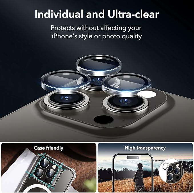 ESR 3+2 Pack for iPhone 15 Pro Screen Protector, 3 Black Edge Tempered-Glass Film and 2 Set Camera Lens Protector, 2.5D Curved Edges, Full-Coverage Military-Grade Protection, Scratch Resistant