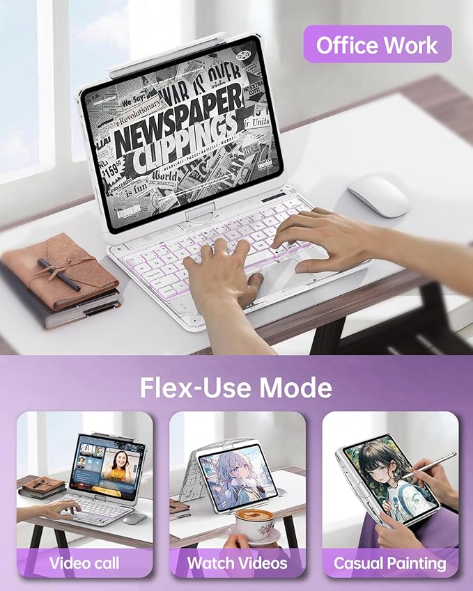 Intermerge Clear Keyboard Case for iPad Pro 13" (M4) 2024 Only, 360° Swivel Multi-Touch Trackpad, 7-Color RGB Backlit, Pencil Holder, Type-C, Power Indicator, Frost Pulse