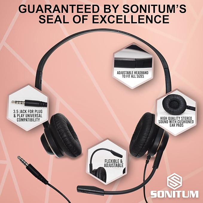 Headset with Microphone - Noise Canceling Computer Headset for Office, Meetings, Chat- Comfortable Over-Ear PC Headphones with Rotating Mic- 3.5 Jack for Universal Connectivity (1 Pack)
