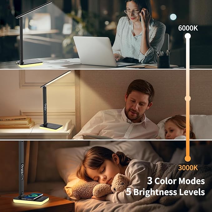 LED Desk Lamp for Home Office, USB Charging Port, Reading Lamp Desk Light with 5 Brightness, 3 Colors, Table Lamp with Clock, Alarm, Date, Temperature, Desk Lamp for College Dorm Room (Black)
