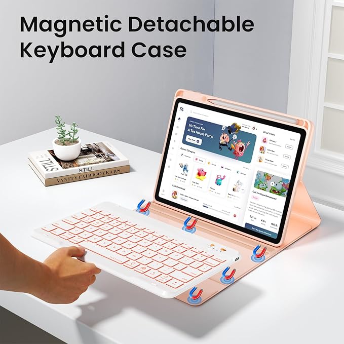 OYEEICE for iPad pro 12.9 case with Keyboard (6th, 5th Generation) & iPad Air 13 inch M2 - Wireless Detachable BT Backlit Magnetic Keyboard, Built-in Pencil Holder, Smart Cover (Pink)