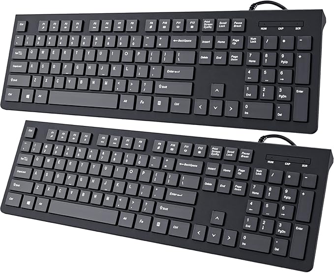 Computer Keyboard Wired, Plug Play USB Keyboard, Low Profile Chiclet Keys, Large Number Pad, Caps Indicators, Foldable Stands, Spill-Resistant, Anti-Wear Letters for PC Laptop (Black, 2-Pack)