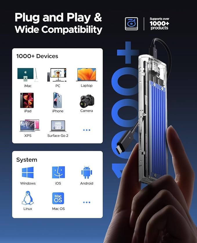 ORICO M.2 NVMe SSD Enclosure, USB 3.2 Gen 2 (10 Gbps), Transparent External Solid State Drive Adapter Enclosure for 2280 2260 2242 2230 PCI-E M2 M-Key SSD, USB Type C Converter Case-TCM2 Blue