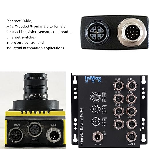 M12 Ethernet 8 Pin X Coded RJ45 CAT7e GigE Cable for Basler Cognex Keyence Datalogic Microscan Sick Camera Sensor High Speed Network Switch 2 Meter