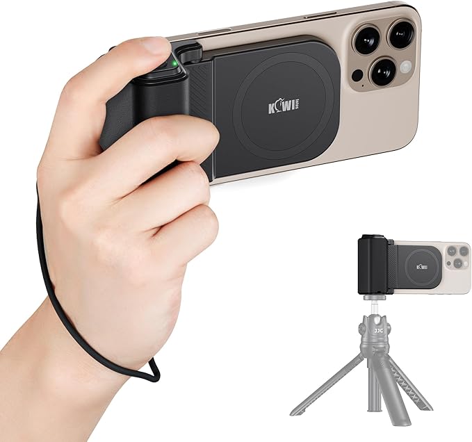 KIWIFOTOS Magnetic Phone Camera Grip for Magsafe Phone Tripod Handle with Bluetooth Remote & Tripod Mount Adapter for iPhone 16 Pro Max Samsung Smartphone Vlog Video Shooting (Black)