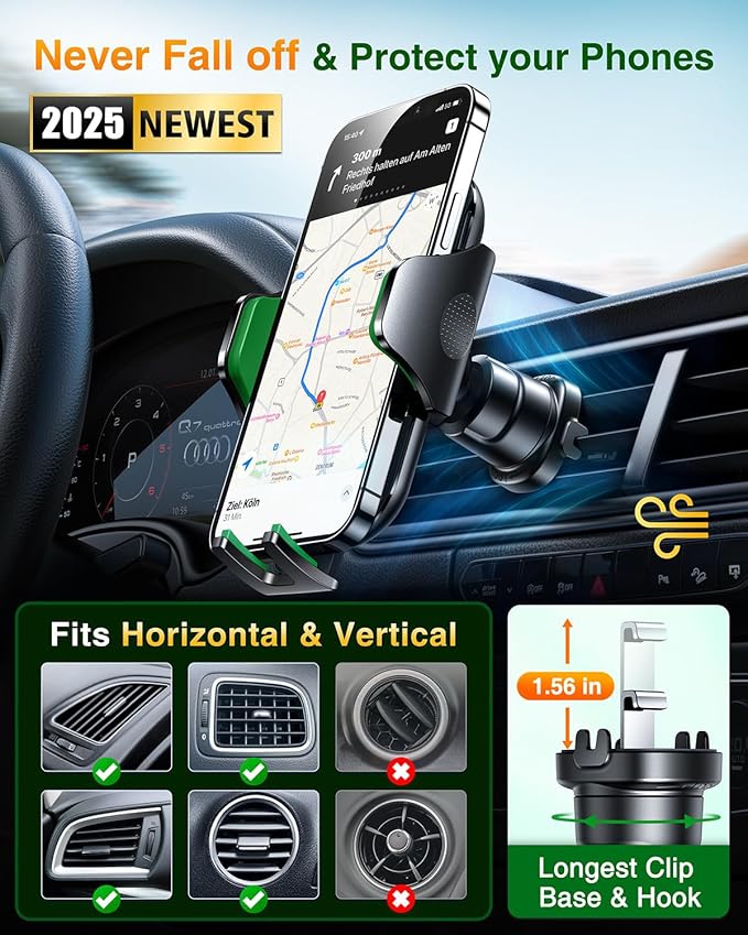 VANMASS Car Phone Holder Mount 2025 Upgraded [Patent Steel-Hook] Car Vent Phone Mount Clip Military-Grade Shockproof Cell Phone Car Mount Handsfree Truck Stand Vent Cradle for iPhone 16 Android,Green