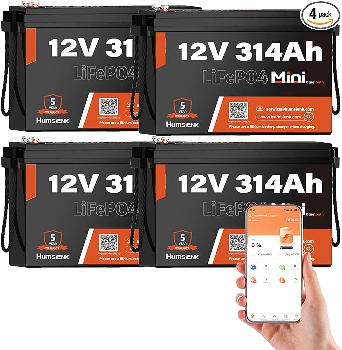 4 PCS Bluetooth 12V 314Ah LiFePO4 Lithium Battery MINI, Max. 4190Wh Energy, EV A+ Cells, Built-in 100A BMS, 15000 Deep Cycles Battery with Low-Temp Protection for RVs, Solar System, Off-Grid