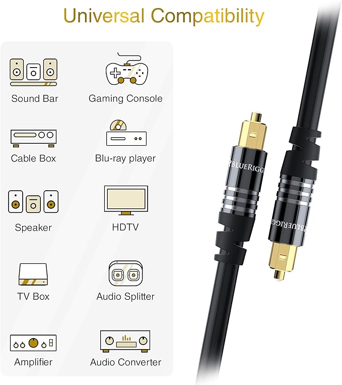 BlueRigger Digital Optical Audio Toslink Cable (6FT, Fiber Optic, Aluminum Shell, 24K Gold-Plated) - Compatible with Home Theatre, Sound Bar, TV, Xbox, PlayStation PS4 – Premium Series