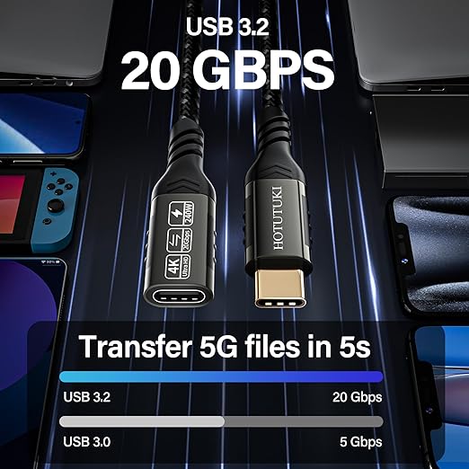 USB-C Extension Cable 6.6ft, 20Gbps Data Transfer, 4K@60Hz, 240W Charging, Male to Female Compatible with Cell Phone Cord Extension
