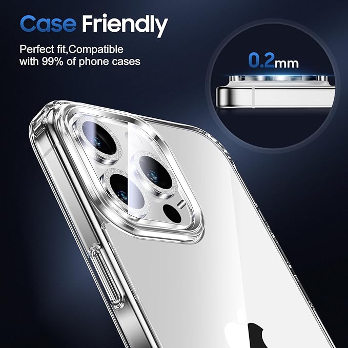 UniqueMe for 3 Pack iPhone 16 Pro/iPhone 16 Pro Max Camera Lens Protector - [Drop Protection] [Case Friendly] 9H Tempered Glass Camera Cover Screen [Update New Version] - Glitter Silver
