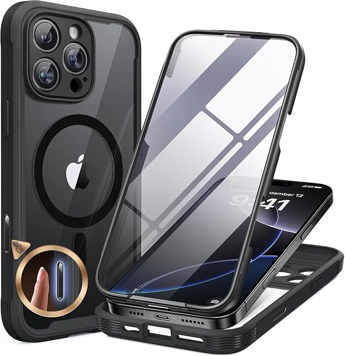 Miracase Magnetic for iPhone 16 Pro Case Full-Body Phone with Built-in Glass Screen Protector, [Compatible with MagSafe] Military Drop Proof 16 Pro Cover Bumper 6.3 inch, Black
