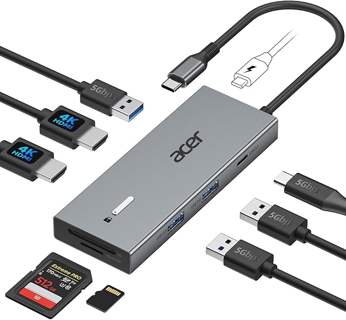 Acer USB C Docking Station Dual Monitor With 2 HDMI, 9-IN-1 Laptop Docking Station with 4K HDMI, USB A&C 3.0, SD/Micro SD, 100W PD Charging, USB C Dock Compatible with Acer/Dell XPS/HP/Mac/Surface etc