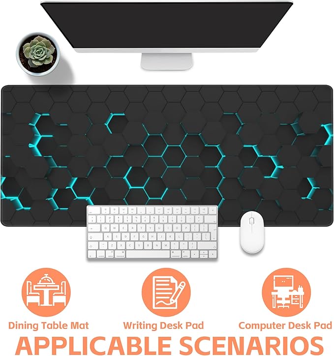 Mouse Pad Large Abstract Hexagonal Neon Non-Slip Game Desk Mat with Stitched Edge Laptop Keyboard Desk Pad for Work Home Gaming (35.4 x 15.7 Inches)