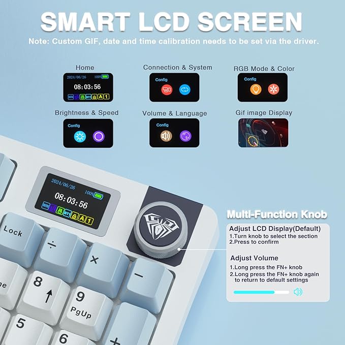 AULA S98 Pro Wireless Mechanical Keyboard,Smart Screen & Knob,Tri-Mode BT5.0/USB-C/2.4GHz Creamy Keyboard,Pre-lubed Linear Switches,Hot Swappable RGB Backlit Computer Gaming Keyboards