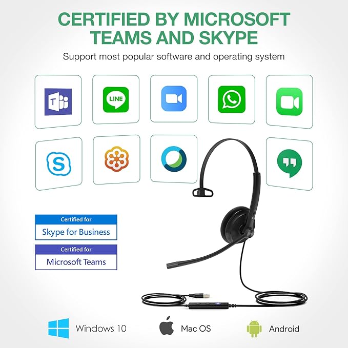 Yealink UH34 USB Headset with Noise Cancelling Mic, Work Headset for PC, Teams Certified Headphones for VoIP Phone Softphone, in Line Control